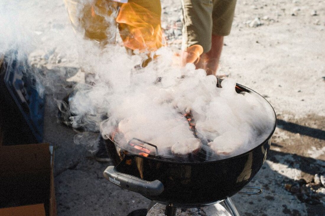 Grille de barbecue et fumée qui monte entre les barreaux